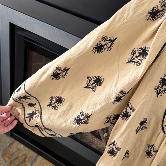 Umgee Tan Peasant Blouse with Black Floral Embroidery - Picture 3 of 3